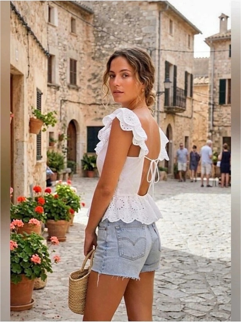 Express Embroidered Eyelet Flutter Sleeve Peplum Top White